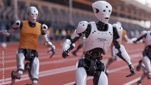 Group of humanoid robots running in a track and field competition  showcasing dynamic motion and competitive racing technology.