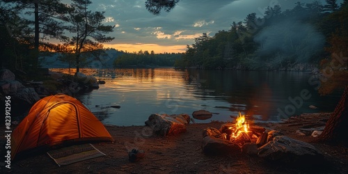 Camping by the serene lake with an orange tent and campfire, surrounded by lush forest trees at sunset creating a tranquil and picturesque setting