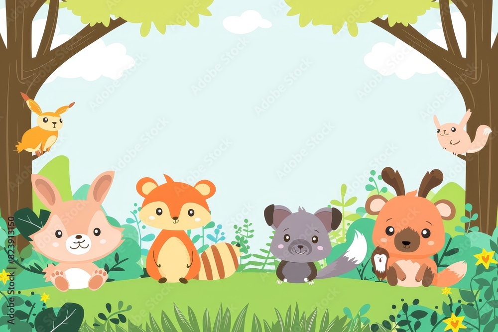 Naklejka premium Cartoon animals in a forest clearing - A cute and colorful illustration of cartoon woodland creatures in a forest environment