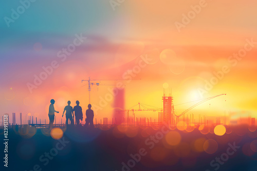 Silhouette of engineer and worker on building construction site at sunset in evening time. © Kenishirotie