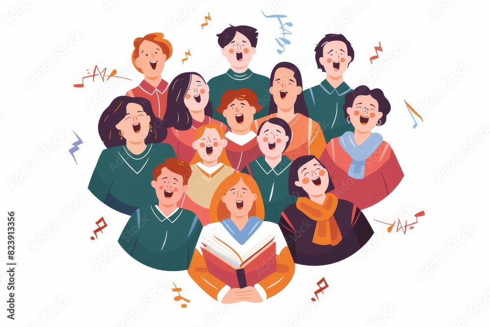 Group of diverse animated singers - An animated image captures a diverse group of people joyfully singing together in a choir setting Group of diverse animated singers - An animated image captures a diverse group of people joyfully singing together in a choir setting