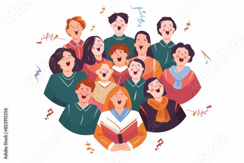 Group of diverse animated singers - An animated image captures a diverse group of people joyfully singing together in a choir setting