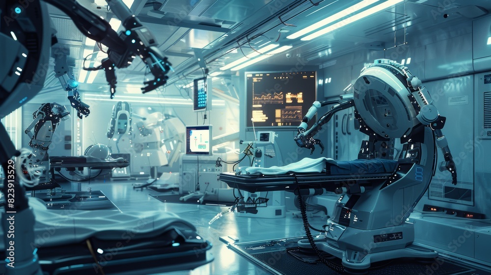 Futuristic Medical Bay with Advanced Technology Utilizing Robotic Arms and Virtual Reality for Patient Treatment Futuristic Medical Bay with Advanced Technology Utilizing Robotic Arms and Virtual Reality for Patient Treatment