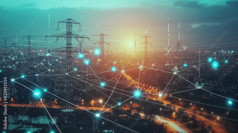 A detailed view of a futuristic power grid with interconnected digital networks at sunset, symbolizing energy innovation. A detailed view of a futuristic power grid with interconnected digital networks at sunset, symbolizing energy innovation.