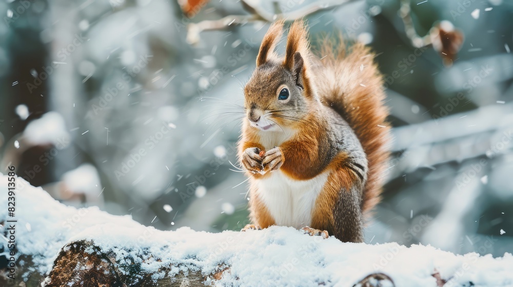 Tree Of Life Background. Winter Portrait of Squirrel in Snowy Wilderness Tree Of Life Background. Winter Portrait of Squirrel in Snowy Wilderness