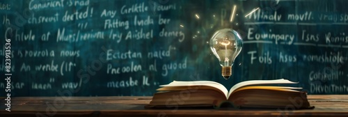 Light bulb over an open book on a chalkboard - Image featuring a glowing light bulb over an open book against a chalkboard with educational concepts