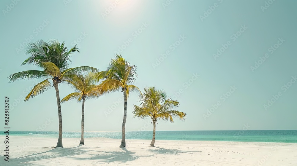 Tranquil Trio: Three Palm Trees Standing Tall on a Pristine White Sandy Beach