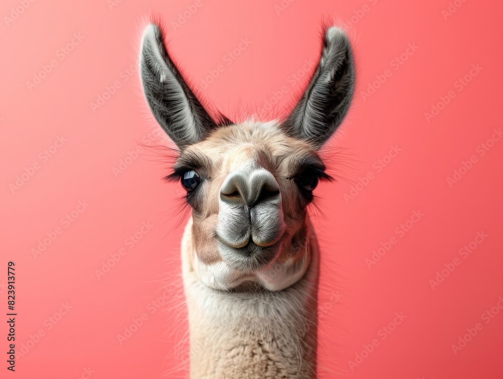 Obraz premium Quirky closeup of a llama, fluffy fur, isolated on a bright coral background, copy space