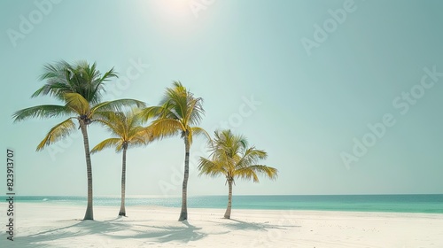 Tranquil Trio: Three Palm Trees Standing Tall on a Pristine White Sandy Beach © pvl0707