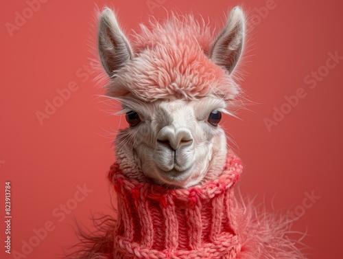 Quirky llama closeup with fluffy fur on a coral background for copy space