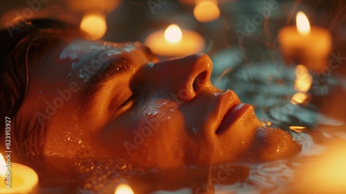 The picture of the person relaxing in the spa and surrounded with candles that floating on the water with blur background, the spa therapy require customer service and relaxation techniques. AIG43.