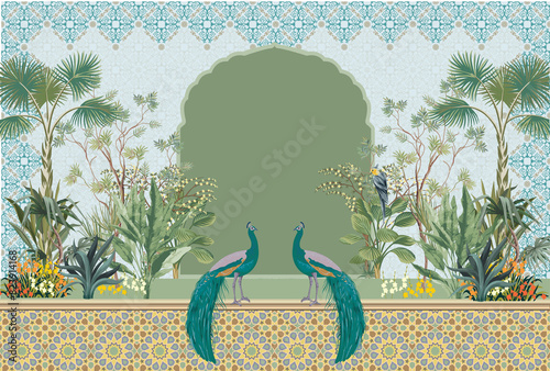 Photography Moroccan garden Arch, peacock wallpaper illustrations