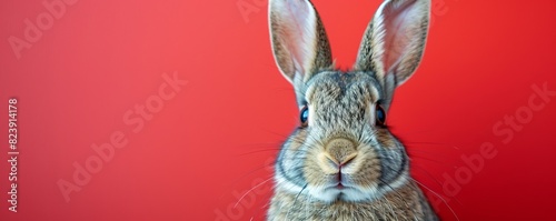 Adorable rabbit closeup, ears perked, set against vibrant red backdrop, room for text