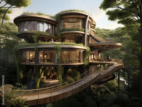 Couple enjoys a modern treehouse in the forest at sunset