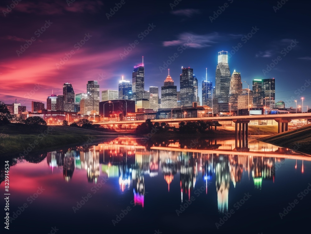Dusk descends on a vibrant cityscape, reflected in the water below.