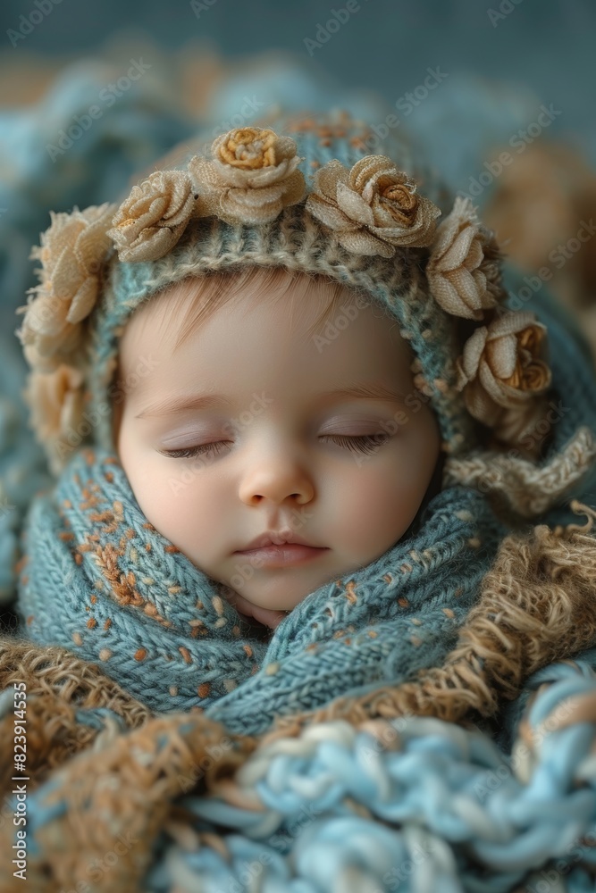 An adorable baby peacefully sleeping wrapped in blue knit blankets and wearing a flower-adorned hat, exemplifying tranquility and warmth in a cozy setting An adorable baby peacefully sleeping wrapped in blue knit blankets and wearing a flower-adorned hat, exemplifying tranquility and warmth in a cozy setting