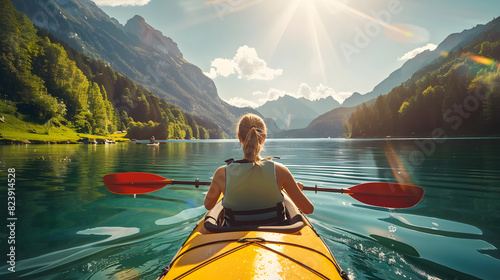 back view of woman kayaking in crystal lake near alps mountains,