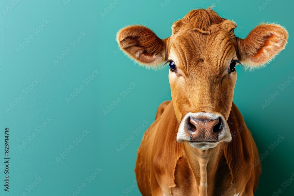 Quirky closeup portrait of a cow, big eyes, isolated on a mint green background, ample copy space Quirky closeup portrait of a cow, big eyes, isolated on a mint green background, ample copy space