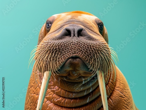 Quirky walrus closeup with prominent tusks against seafoam green backdrop, ample space for text photo