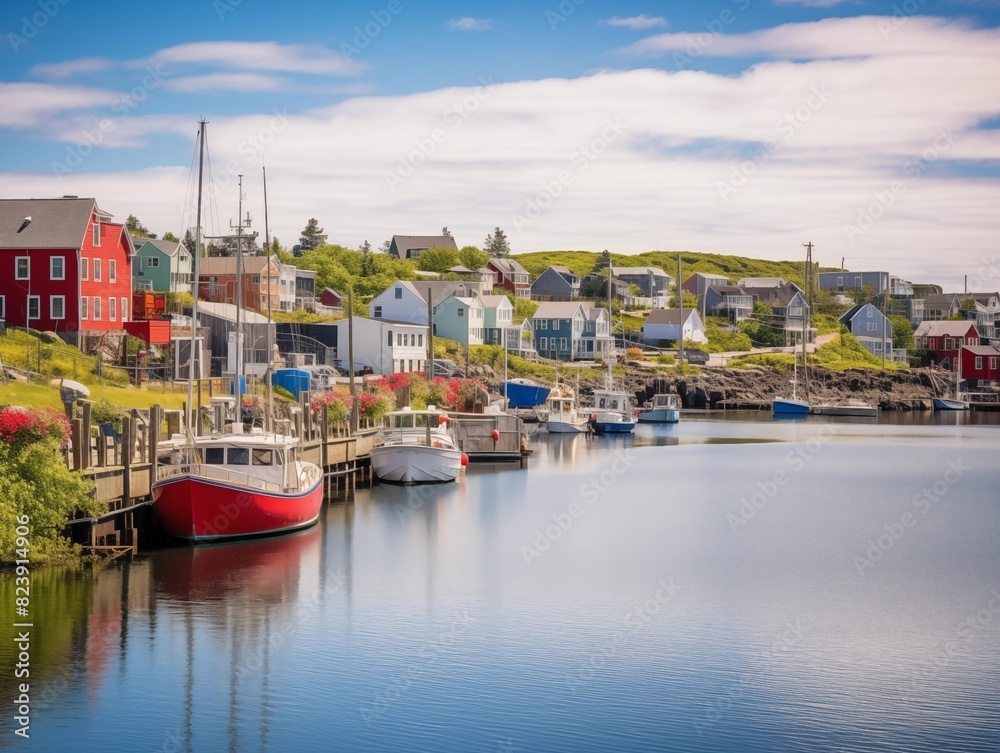 Boats docked at a serene fishing village on a sunny day Boats docked at a serene fishing village on a sunny day