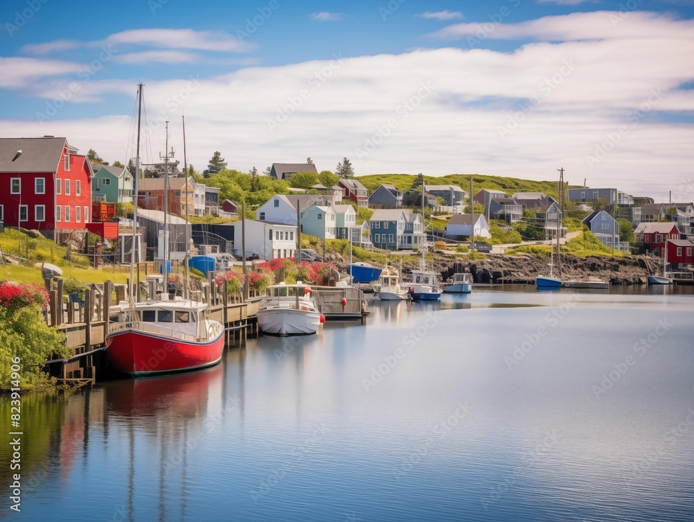 Boats docked at a serene fishing village on a sunny day