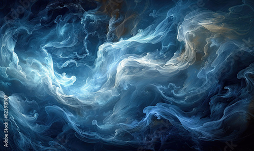 Elegant abstract with swirling mists in shades of blue and silver for a mystical effect, Generate AI