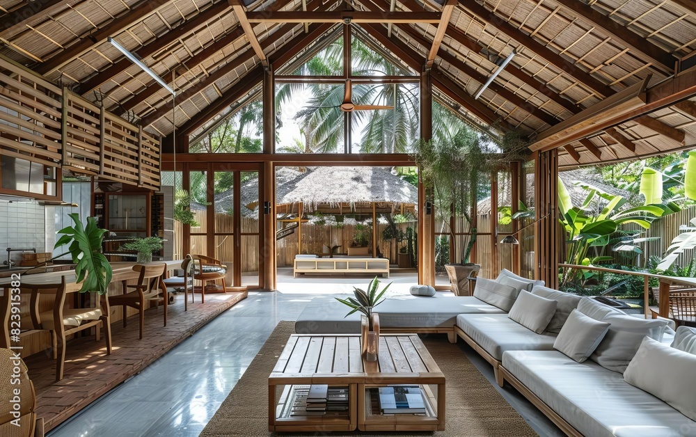 Fototapeta premium A bamboo house in a tropical setting, with openair living spaces and natural ventilation