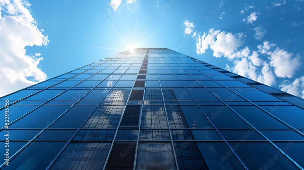 Fototapeta premium A commercial skyscraper with solar panels integrated into the windows, generating power while maintaining a sleek appearance
