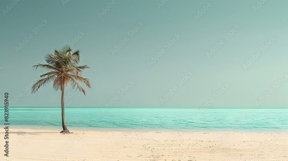 Obraz premium Solitude: A Palm Tree Dancing on a Beach With Crystal Blue Waters