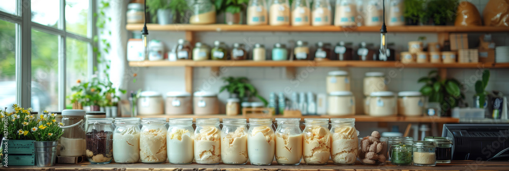 Row of jars filled with different ice cream flavors in a bright, cozy kitchen. Row of jars filled with different ice cream flavors in a bright, cozy kitchen.