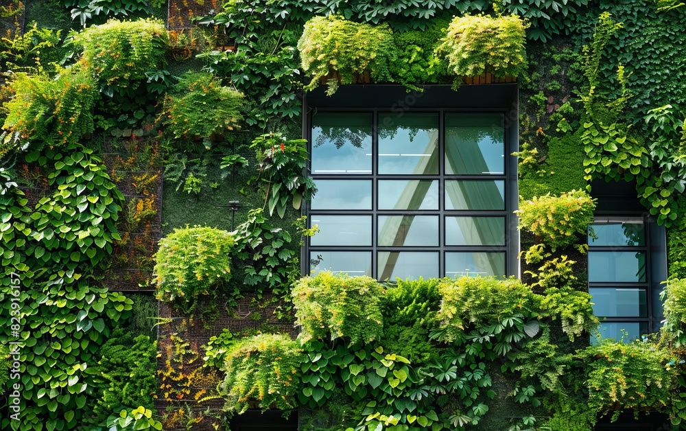 A hightech office building with a living wall, incorporating a variety of plant species and automated irrigation systems A hightech office building with a living wall, incorporating a variety of plant species and automated irrigation systems