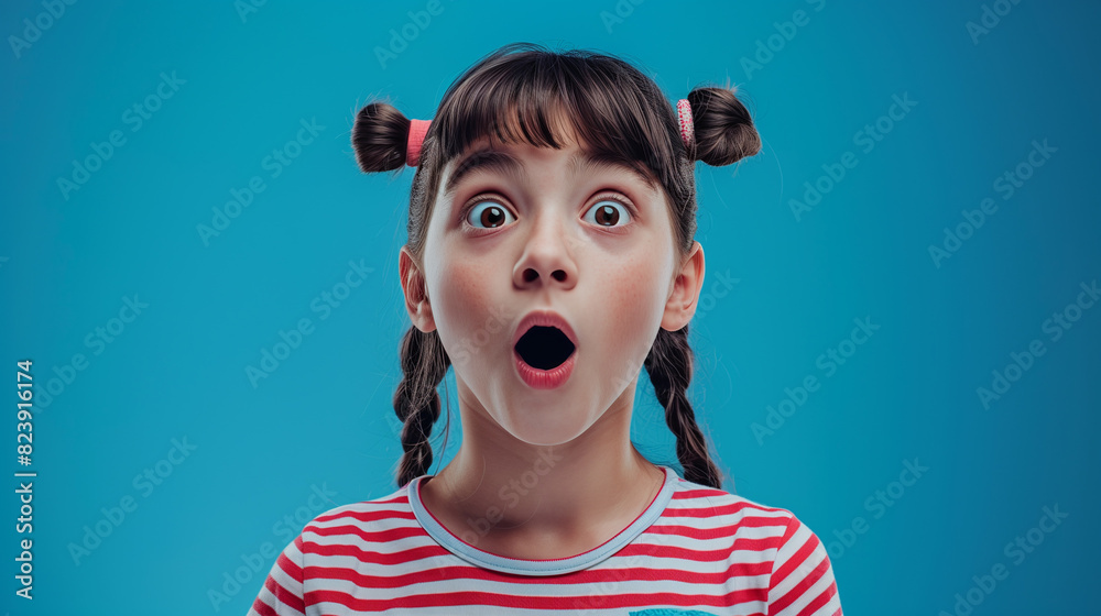 Amazed young girl with wide eyes and open mouth expressing shock and excitement, isolated on a solid blue background with copy space Amazed young girl with wide eyes and open mouth expressing shock and excitement, isolated on a solid blue background with copy space