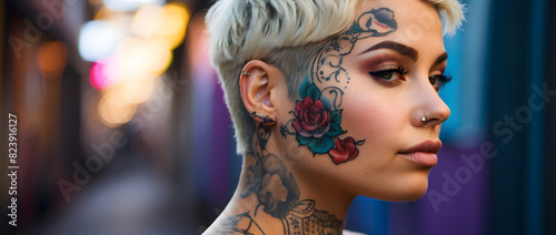 Blonde woman with very short hair and face tattoos.