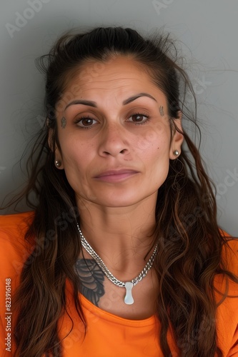 headshot mugshot of a gang member hispanic man looking at the camera with his body covered with tattoos on gray background photo