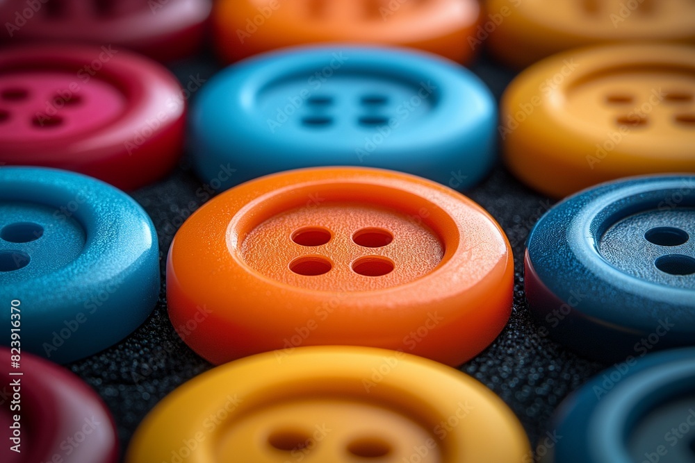 colorful buttons are lined up in a large pile together, with one button facing right