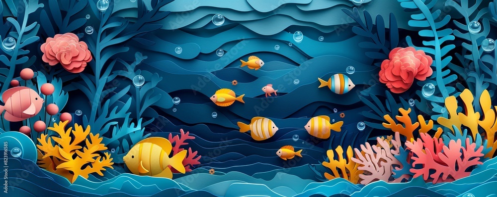 Underwater scene in papercut style, with fish, corals, and bubbles creating a sense of depth and motion