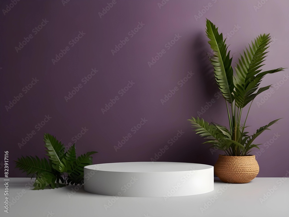 An empty round white podium for product advertisement isolated on purple background with plants An empty round white podium for product advertisement isolated on purple background with plants