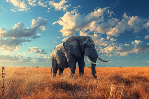 A magnificent elephant standing in a vast, golden savannah under a dramatic and vibrant sky filled with scattered, fluffy clouds
