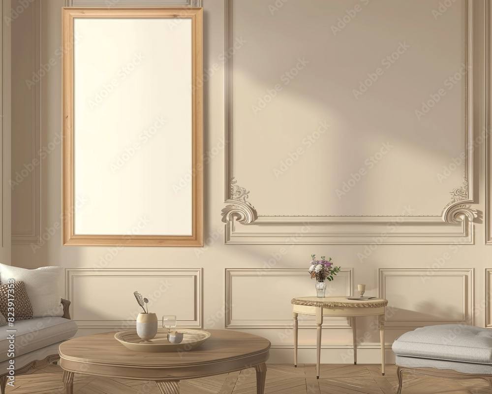Capture a mock-up of an empty rectangular oakwood frame set in a living room with neutral pastel walls. The room features a coffee table and a couch, designed in a French provincial style.