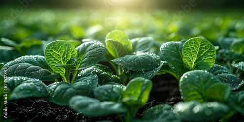 Close-up of vibrant green leaves of growing plants in a lush garden, covered with morning dew, illuminated by the soft sunlight creating a serene and fresh atmosphere photo