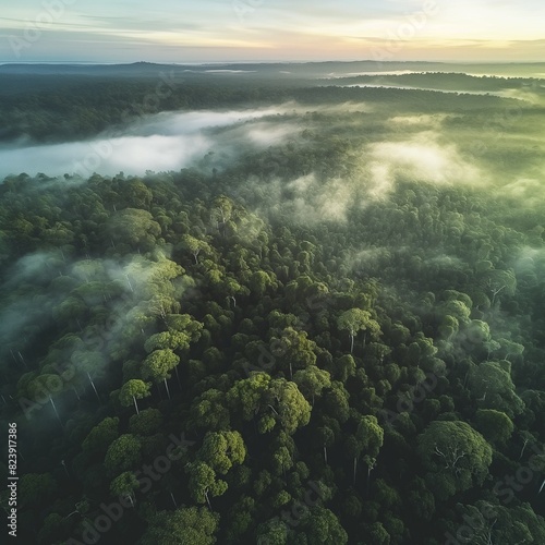 A breathtaking aerial view of a vast rainforest canopy, with shades of green extending to the horizon, mist clinging to the treetops at dawn. © Premium stuff