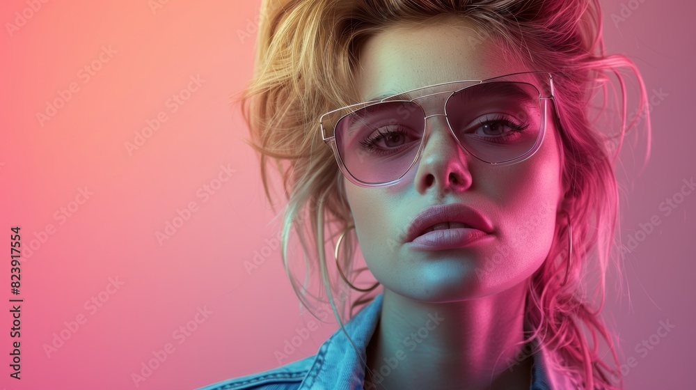 A captivating close-up portrait of a confident young woman wearing stylish oversized sunglasses, set against a vibrant, colorful gradient background A captivating close-up portrait of a confident young woman wearing stylish oversized sunglasses, set against a vibrant, colorful gradient background