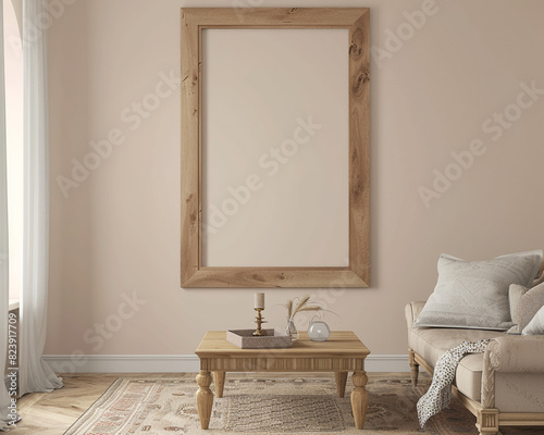 Capture a mock-up of an empty rectangular oakwood frame set in a living room with neutral pastel walls. The room features a coffee table and a couch, designed in a French provincial style. photo