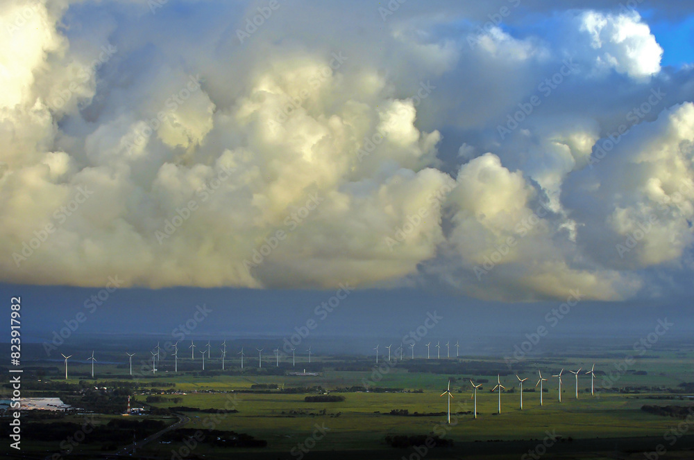 Aerial view of Osorio Wind Farm. Cloudy landscape in Osório, Rio Grande do Sul, Brazil Aerial view of Osorio Wind Farm. Cloudy landscape in Osório, Rio Grande do Sul, Brazil