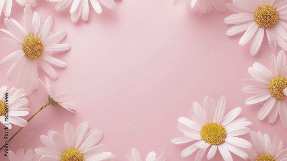 Cute elegant modern blank empty frame made of daisy flowers and petals on pink background, mock up of floral pink frame border design, for feminine product, gift, birthday, girl's present display. Cute elegant modern blank empty frame made of daisy flowers and petals on pink background, mock up of floral pink frame border design, for feminine product, gift, birthday, girl's present display.