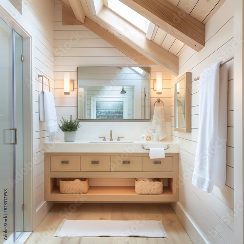 A bright and airy bathroom with vaulted ceilings  skylights  and a wall-mounted  floating vanity in a natural wood finish  complementing the minimalist decor.