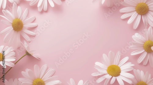 Cute elegant modern blank empty frame made of daisy flowers and petals on pink background, mock up of floral pink frame border design, for feminine product, gift, birthday, girl's present display. © JW Studio