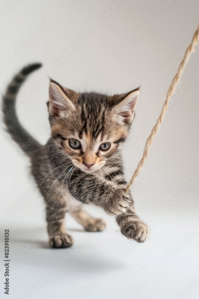 A kitten is playing with a rope