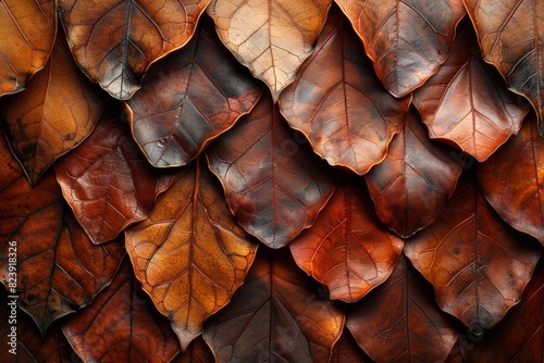 A mesmerizing close-up photograph showcasing a beautifully textured arrangement of overlapping dried leaves in various shades of brown, orange, and copper