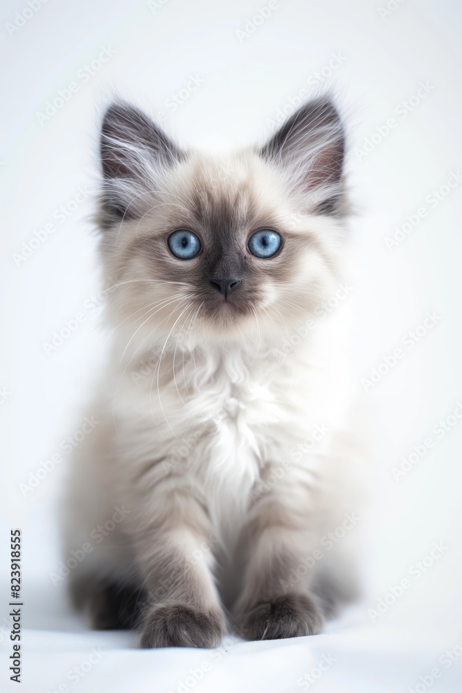 A cute kitten with blue eyes is sitting on a white surface A cute kitten with blue eyes is sitting on a white surface